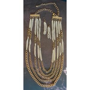 Multi Layer Gold Tone Chain Necklace With Dangling White Chain Matching Earrings